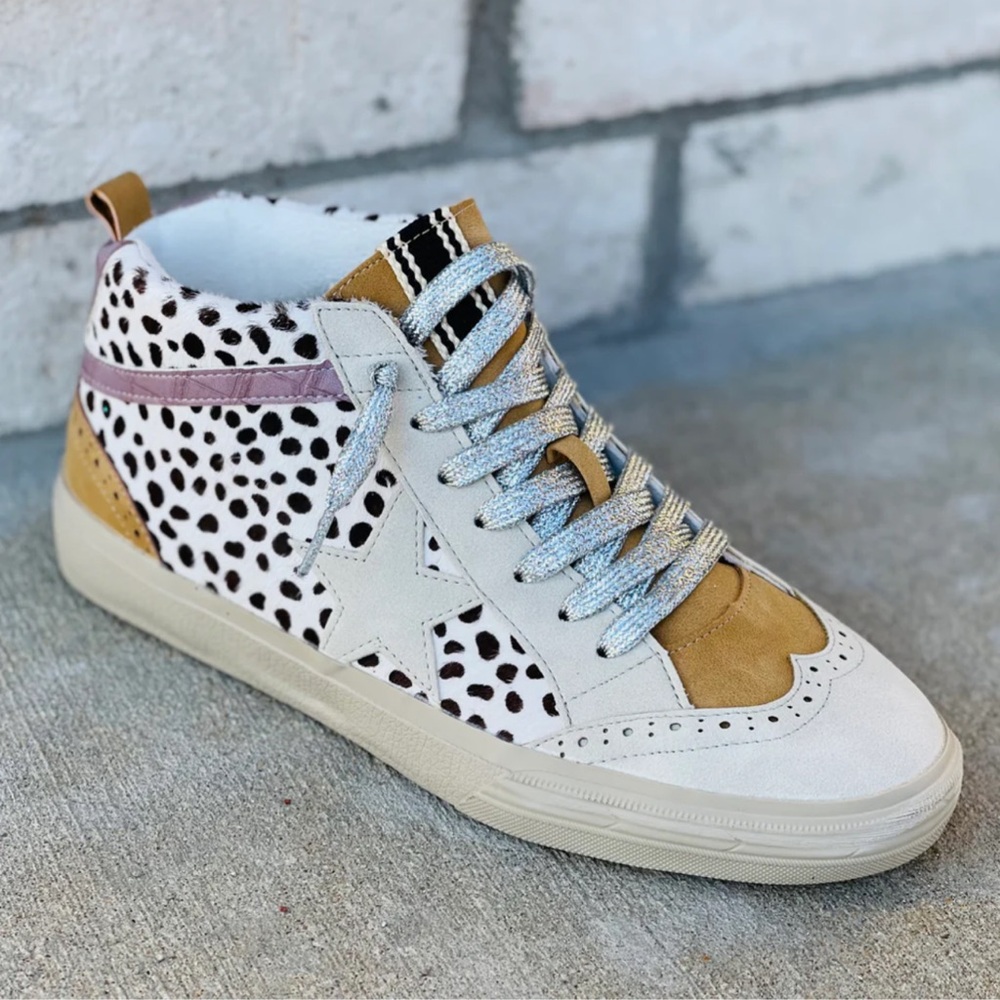Shu Shop, Women's High-Top Sneakers - White, Tan, Black & Pink. Size 8.